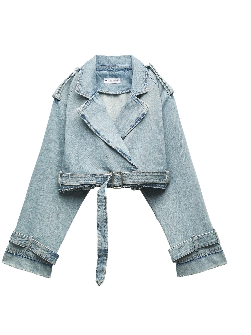 Zara Cropped Light Wash Denim Jacket with Belt S